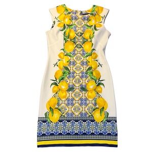 Madison Leigh Sheath Dress White Lemon Print Old Money Style Sleeveless 10 Women